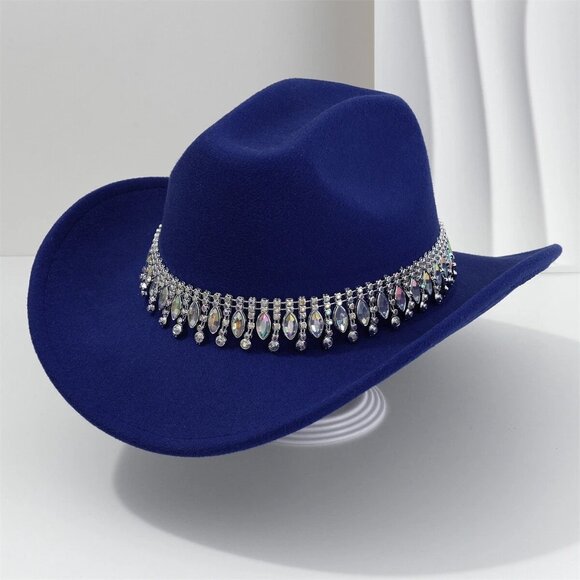 Blue Cowboy Hat Rhinestone Band Western Rodeo Country‎ Music Festival Party Cap - Picture 2 of 3